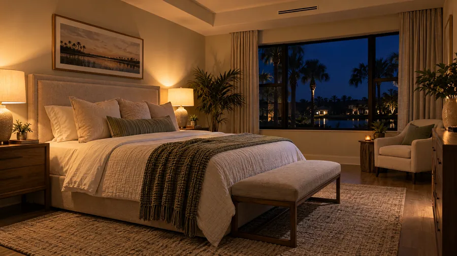 Warm, quiet Florida bedroom on a cold night
