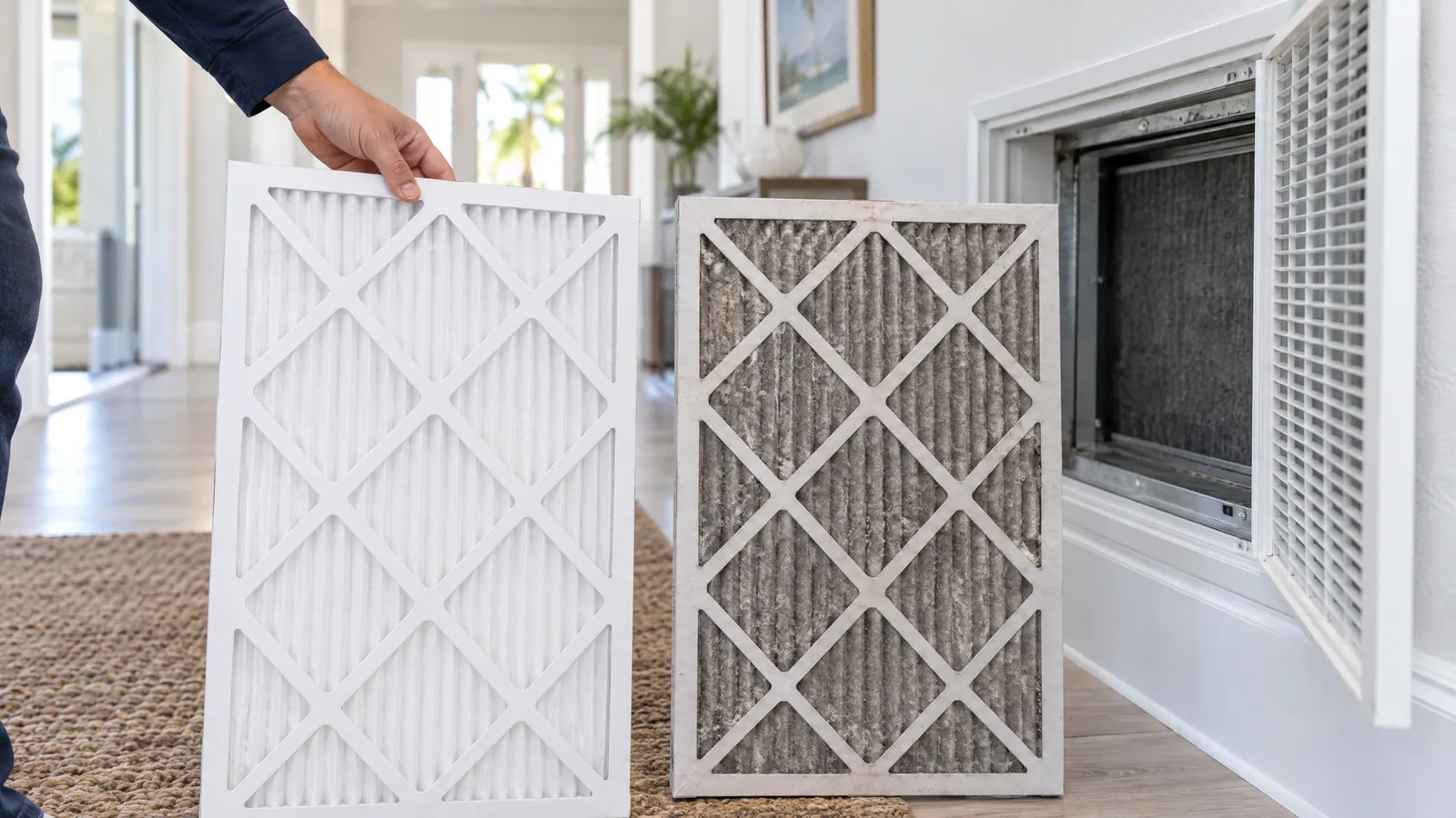 A clean new air filter held beside a dust-clogged one in front of a return grille