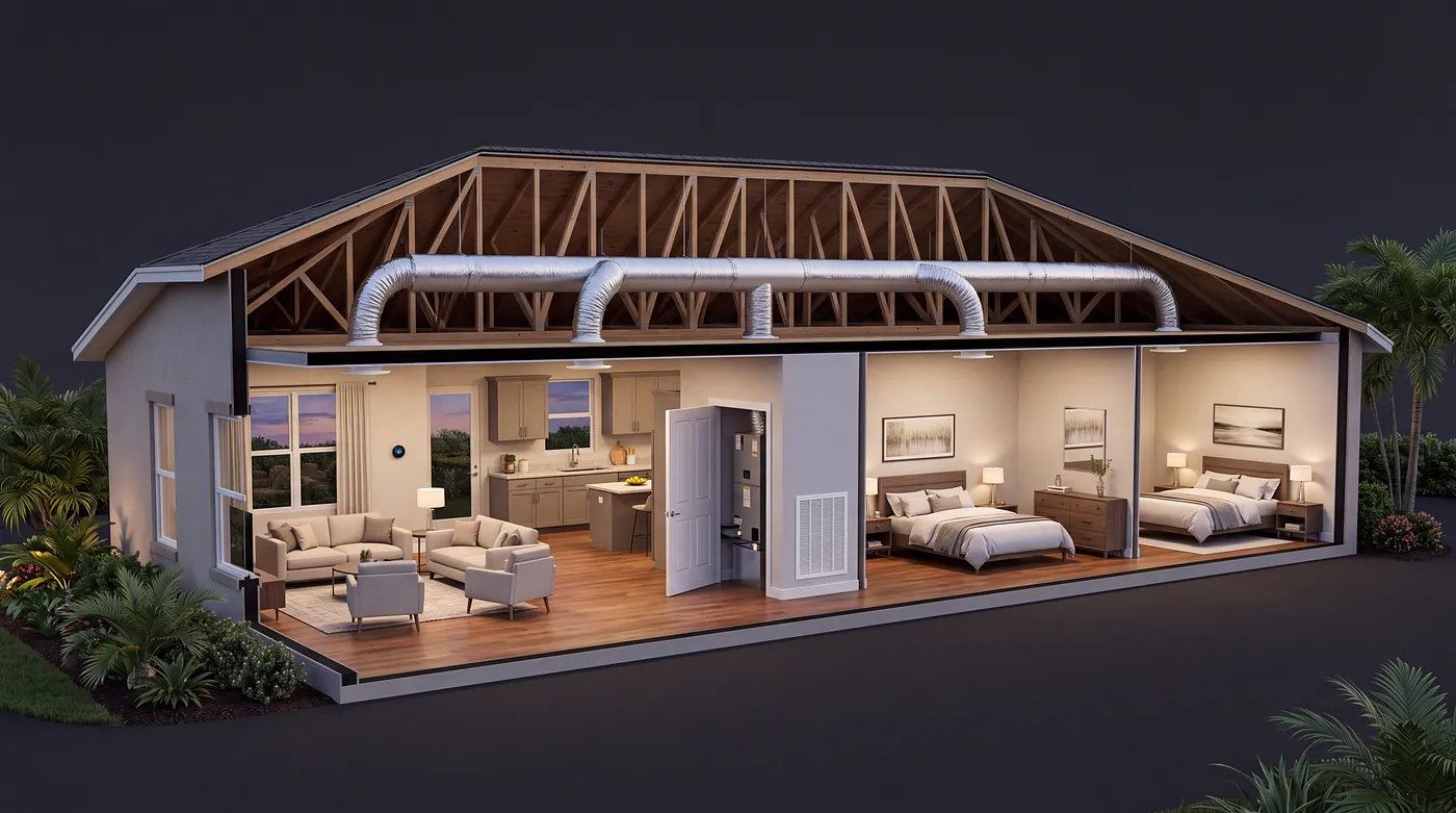 Cutaway of a Central Florida home showing the air handler in the hall closet, the supply duct trunk in the attic, a ceiling vent in every room, the return-air grille and the thermostat