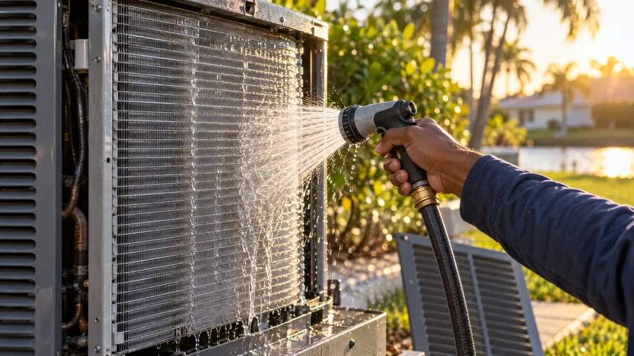 Condenser coil being gently rinsed during maintenance