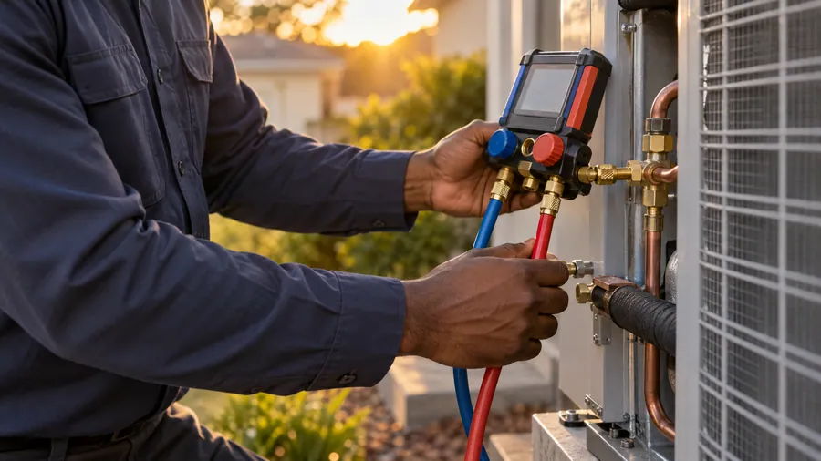 Technician connecting refrigerant gauges to an outdoor condenser