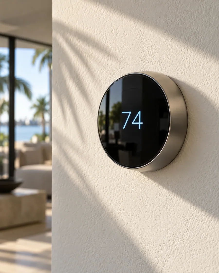 Modern thermostat on a textured wall showing 74 degrees